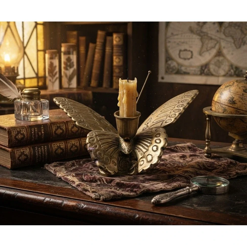 Vintage Solid Brass Butterfly Taper Candle Holder Taiwan Winged Decor 5 inch